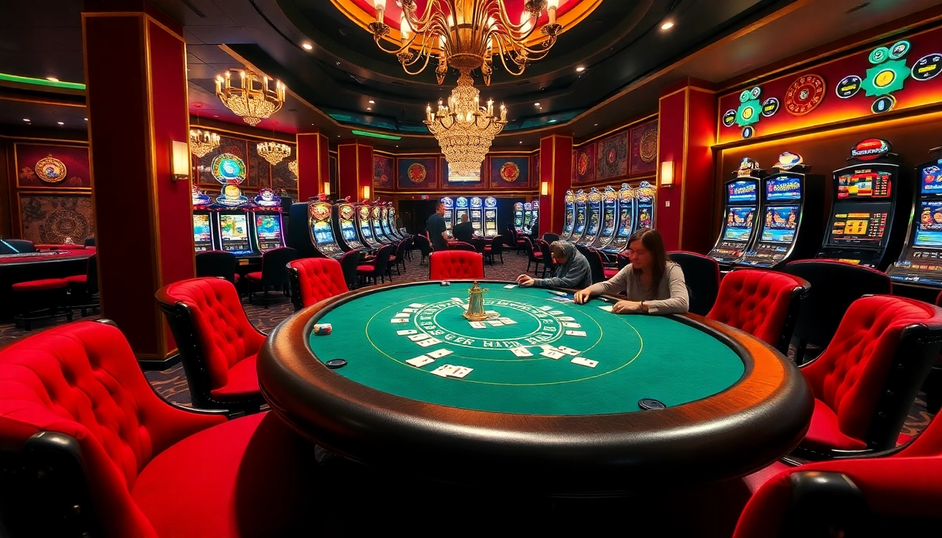 Experience the thrill of 68 game bài at a luxurious casino with poker tables and vibrant slot machines.