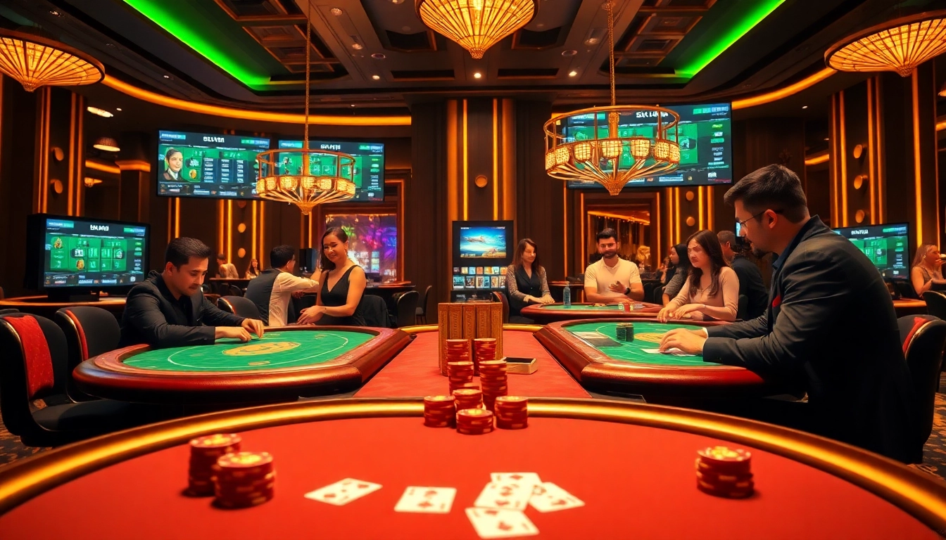 Exciting poker game scene at https://sv368com.biz/ showcasing luxury gambling experience with players and chips.