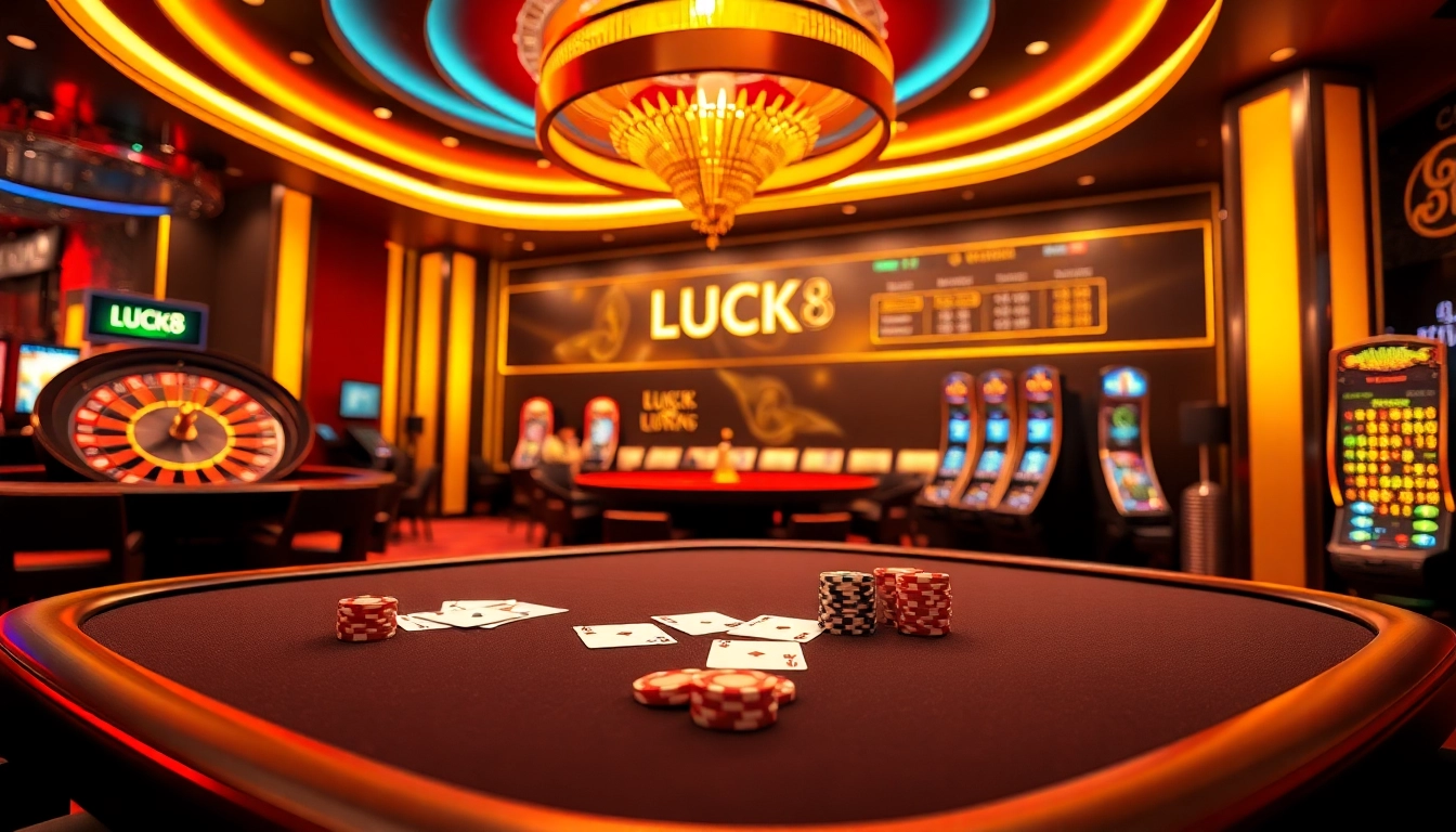 Experience LUCK 8 at a glamorous casino with tables, chips, and lighting.