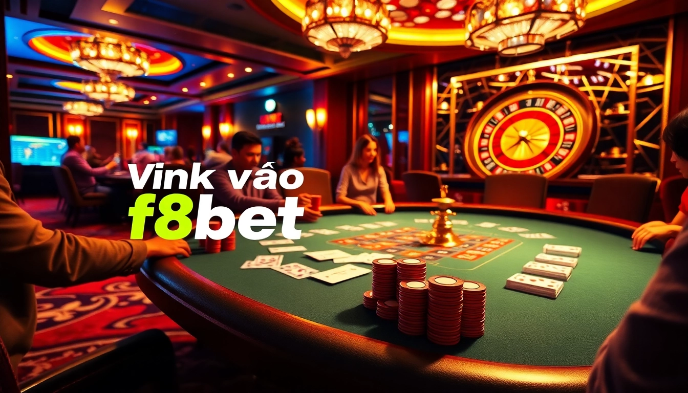 Experience the excitement of gambling with Link Vào f8bet in a vibrant casino atmosphere, poker table action.