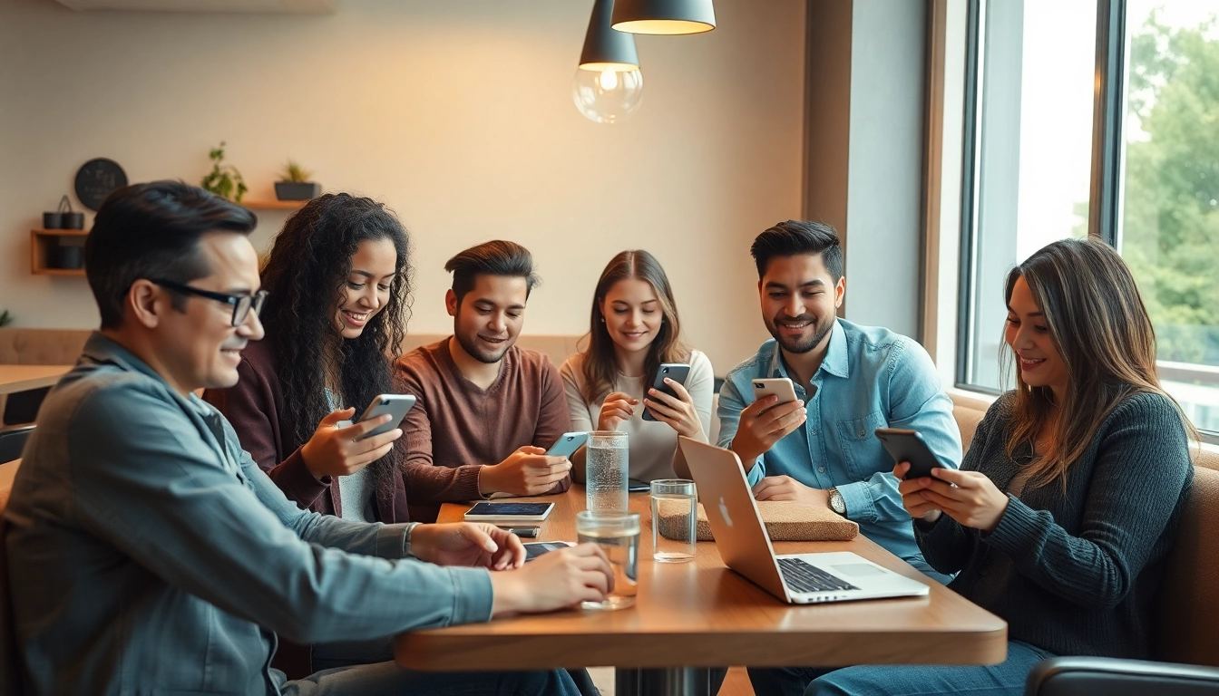 Potato security messaging app users enjoying a friendly café setting while engaging with their smartphones.