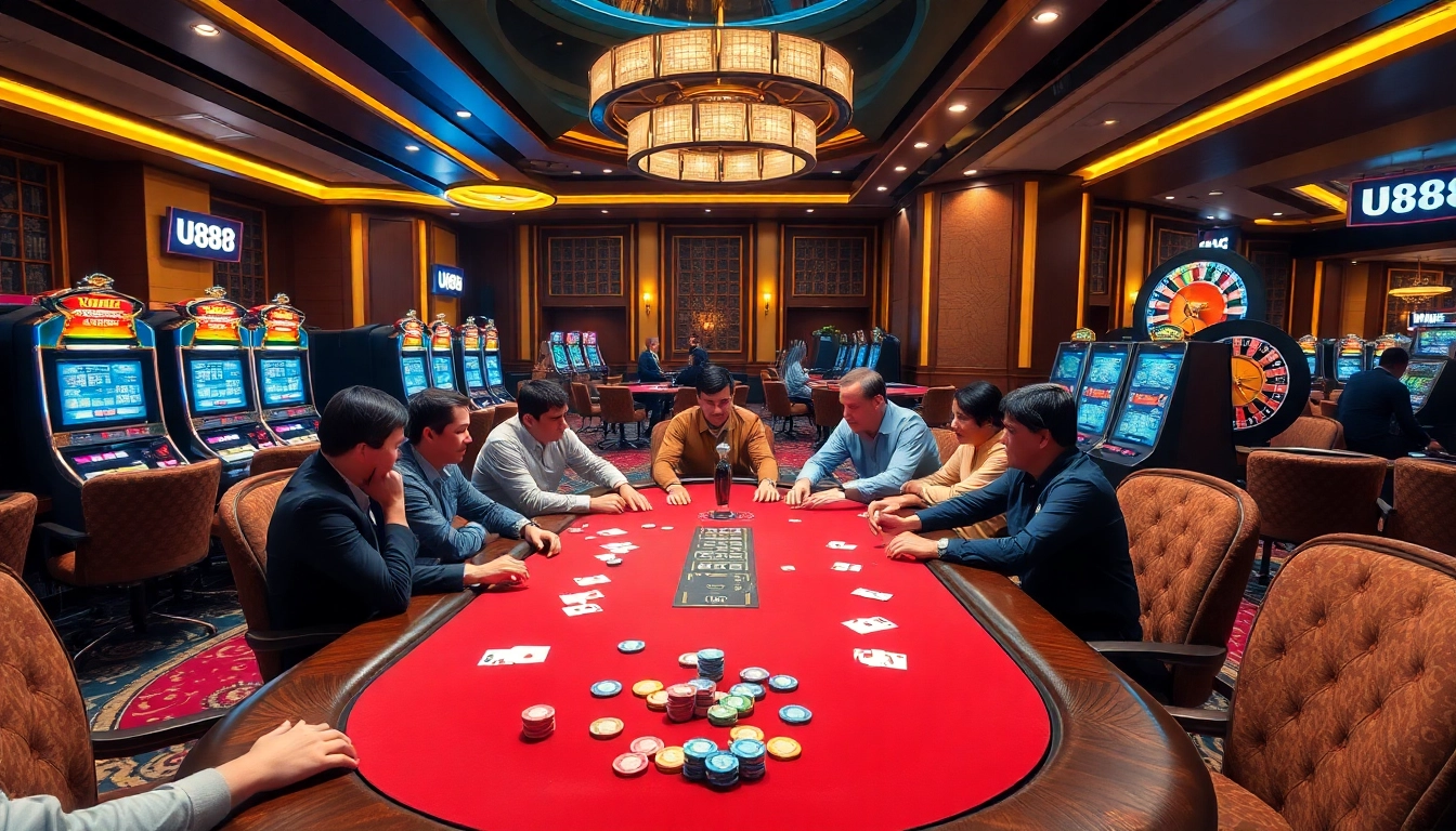 U888 players enjoying a thrilling poker game at a luxurious casino table.