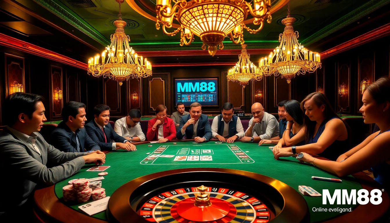 Engaging poker players at a luxurious casino table showcasing MM88’s dynamic gambling experience.