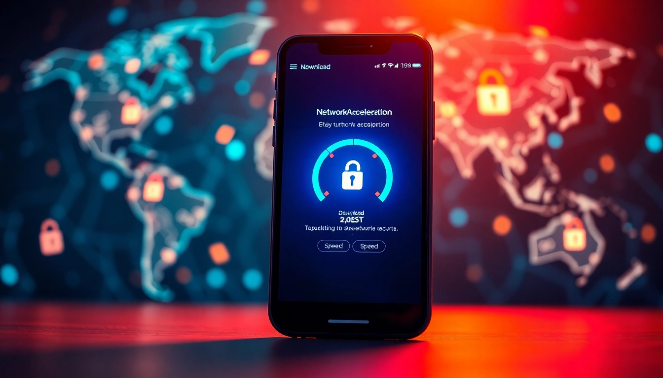 快连下载 interface displayed on a smartphone, showcasing global connectivity and speed.