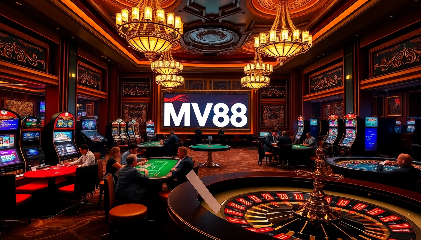 Players winning at poker tables in a luxurious casino environment with the MV88 brand logo featured prominently.