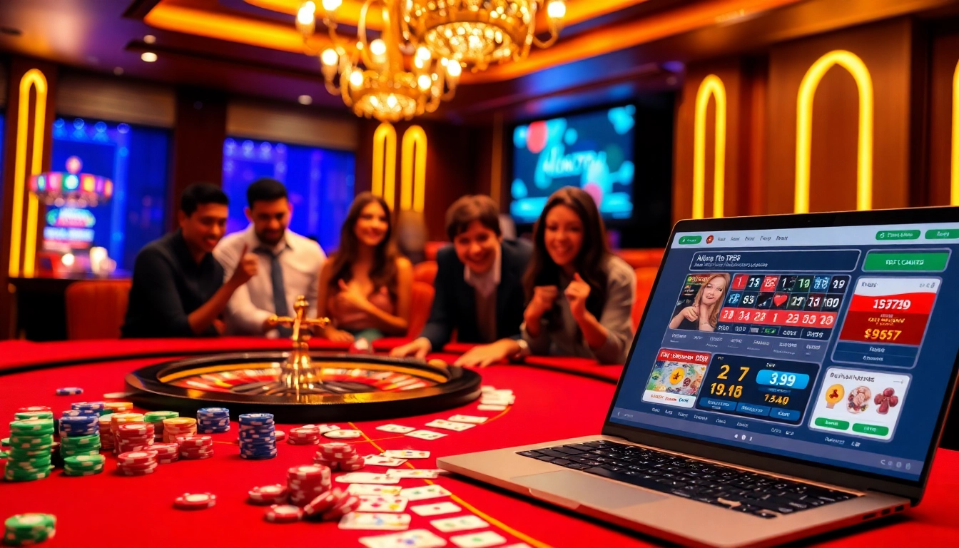 A lively casino scene showcasing alo789 with players at a poker table, capturing the thrill of online gambling.