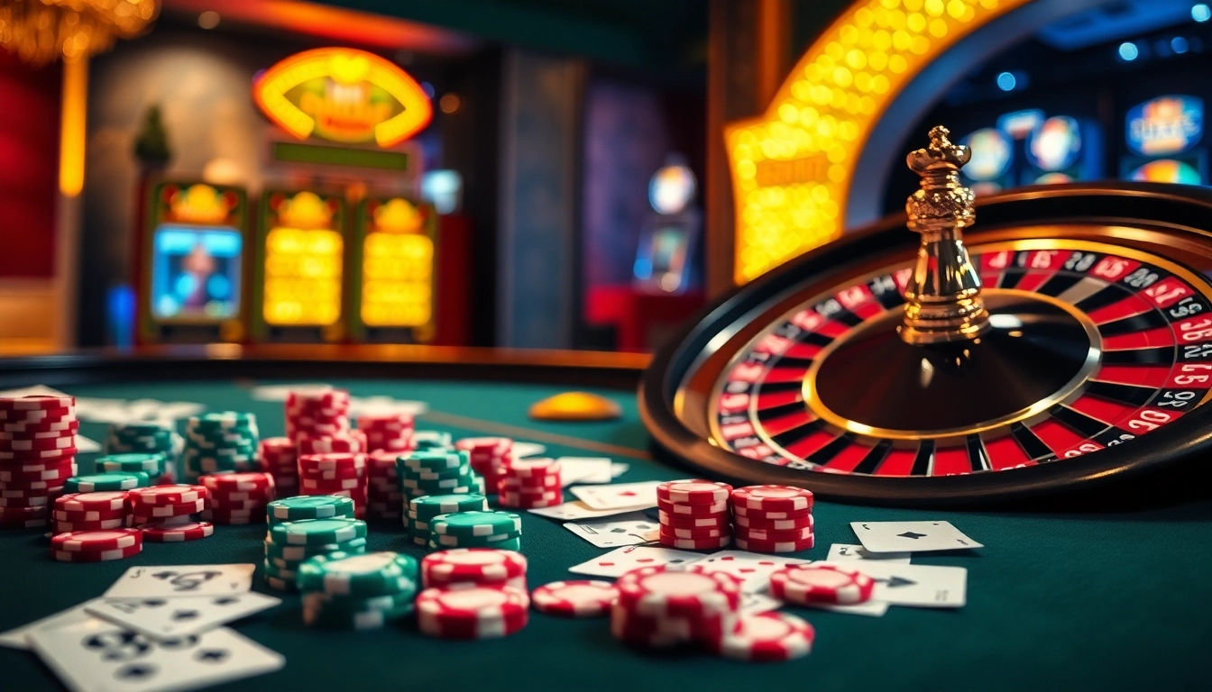 Engaging scene showcasing Hela Ads themed gambling activity with casino tables and vibrant poker chips.