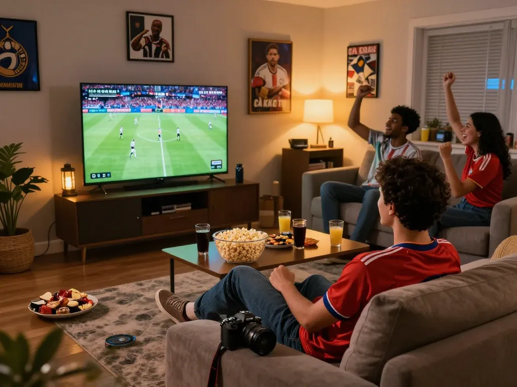 Enjoying a live game on Cà Khịa TV in a cozy living room.