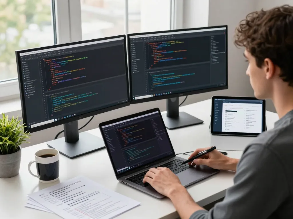 开发者在现代工作空间中使用双屏显示器编写Telegram下载应用功能的代码。