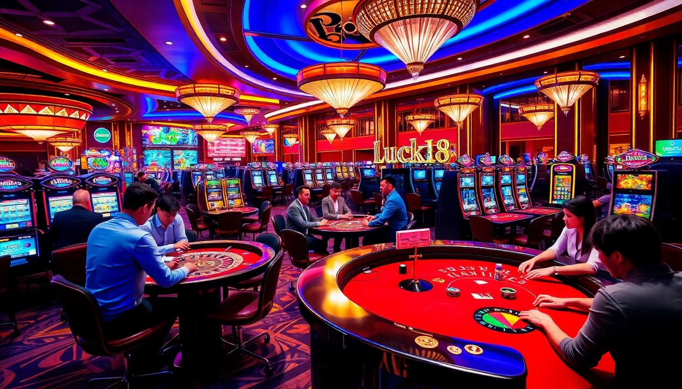 Luck8 gambling scene with excited players at blackjack and roulette tables in a vibrant casino atmosphere.