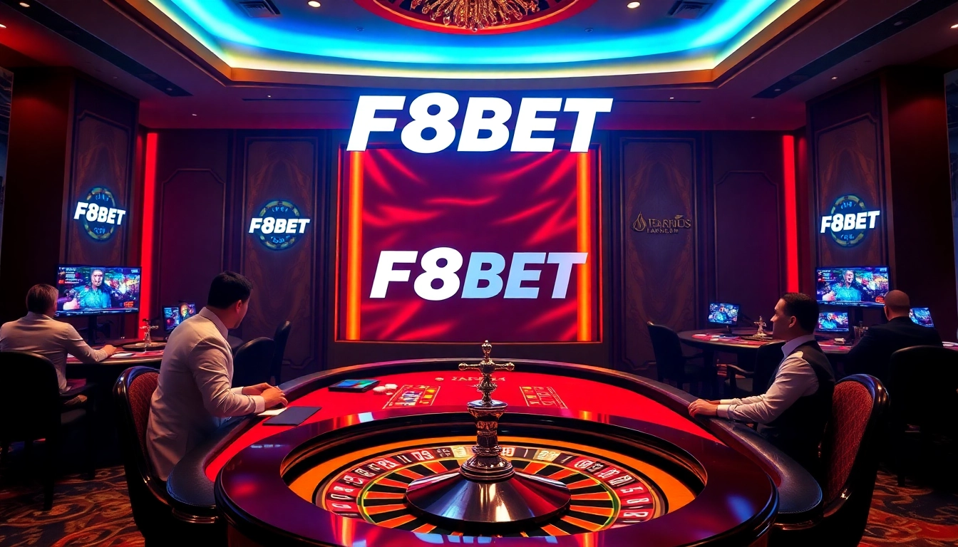 F8BET players engaging with a stunning casino ambiance at the poker table and roulette.
