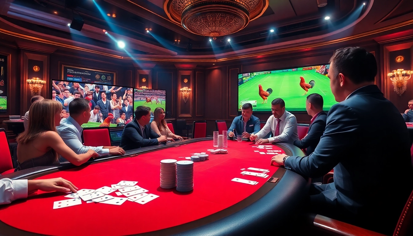 Engaging gamblers in đá gà trực tiếp with vibrant casino scenes and live betting excitement.