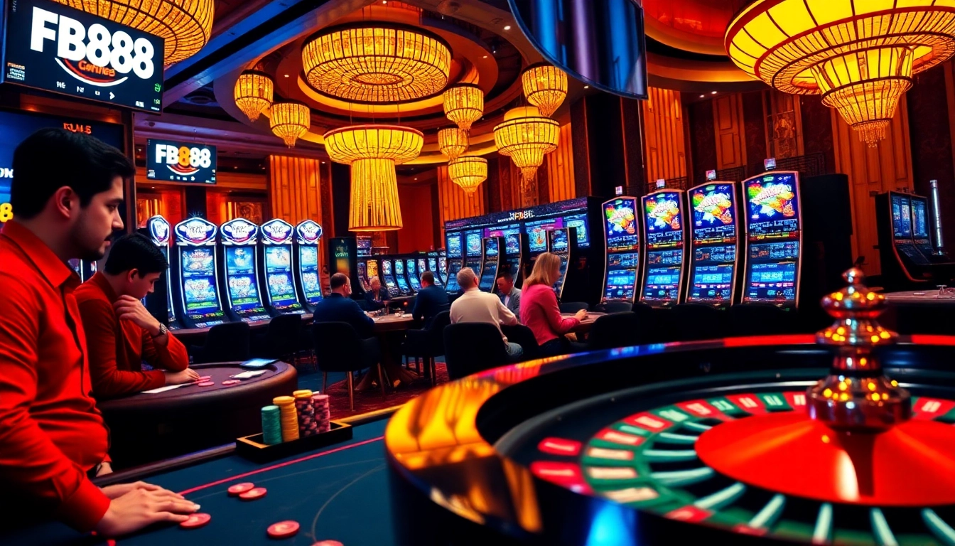 Players engage in high-stakes poker at FB88, showcasing a vibrant casino atmosphere with poker chips and lively interactions.