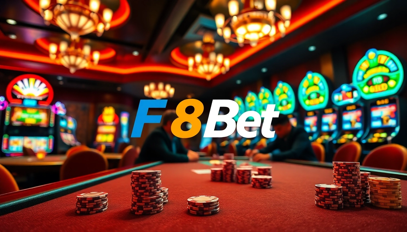 F8Bet exciting casino scene with professional poker players and vibrant slot machines.