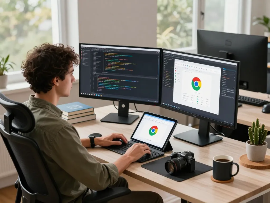 Maximize your browsing experience with 谷歌浏览器 on a modern workspace featuring multiple screens and tech gadgets.