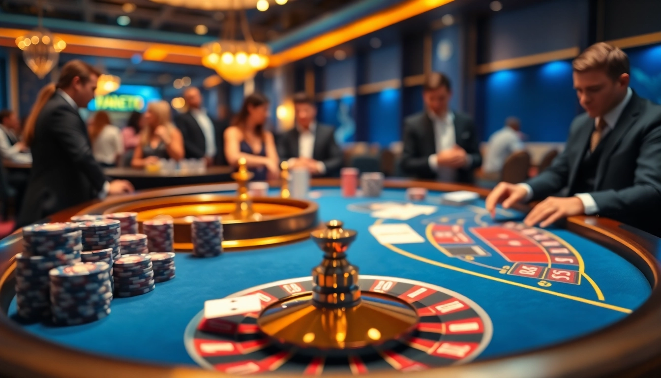 KBBET casino table featuring vibrant poker chips, a roulette wheel, and engaged players.