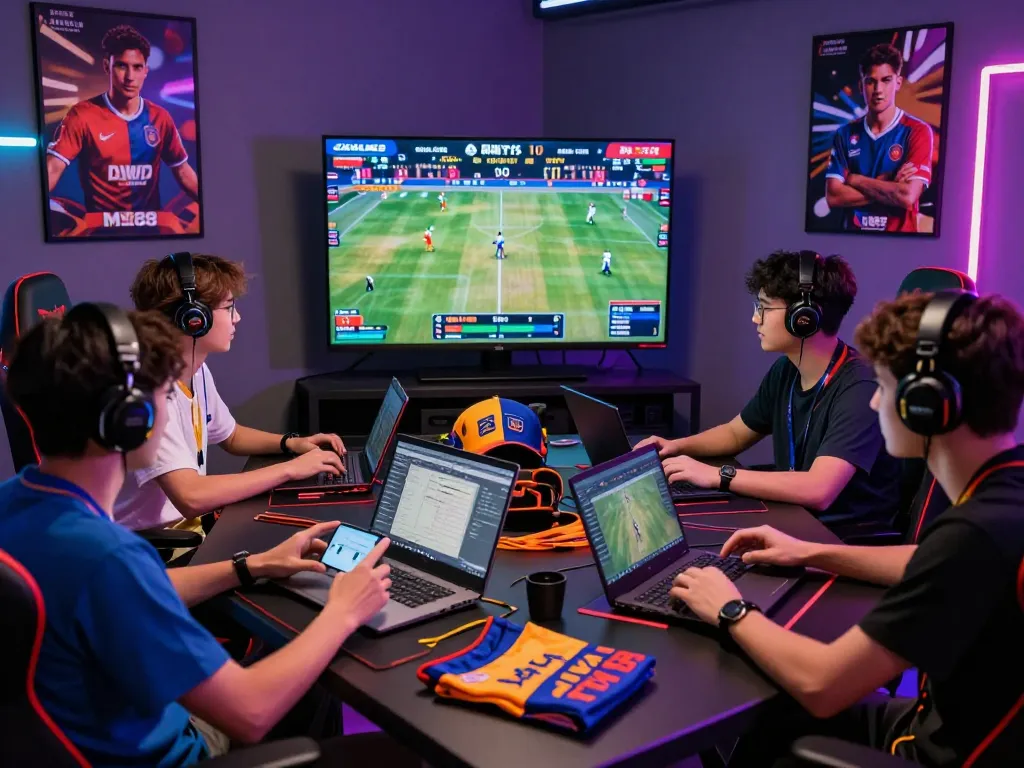 Exciting live gaming session showcasing MM88 online betting with friends, laptops, and vibrant neon lights.