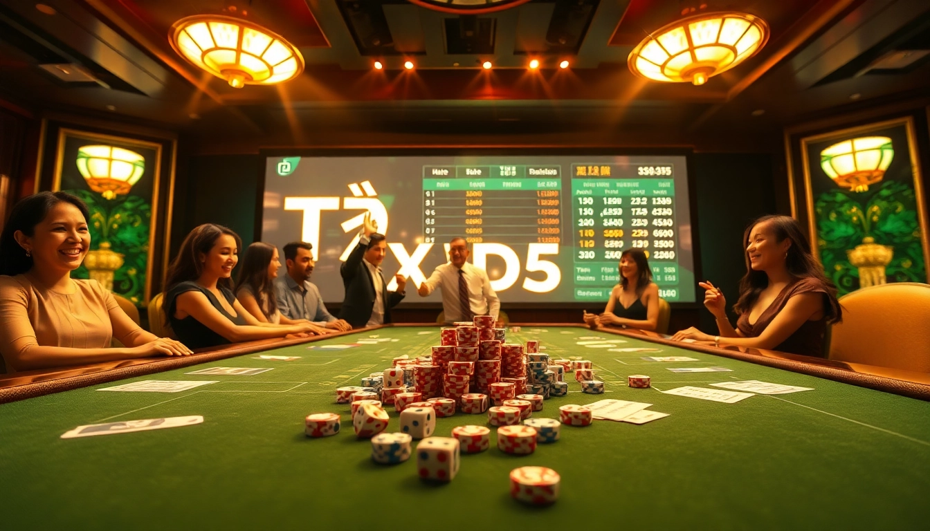 Players celebrating their wins in a luxury Tài Xỉu MD5 casino, showcasing excitement and engagement.