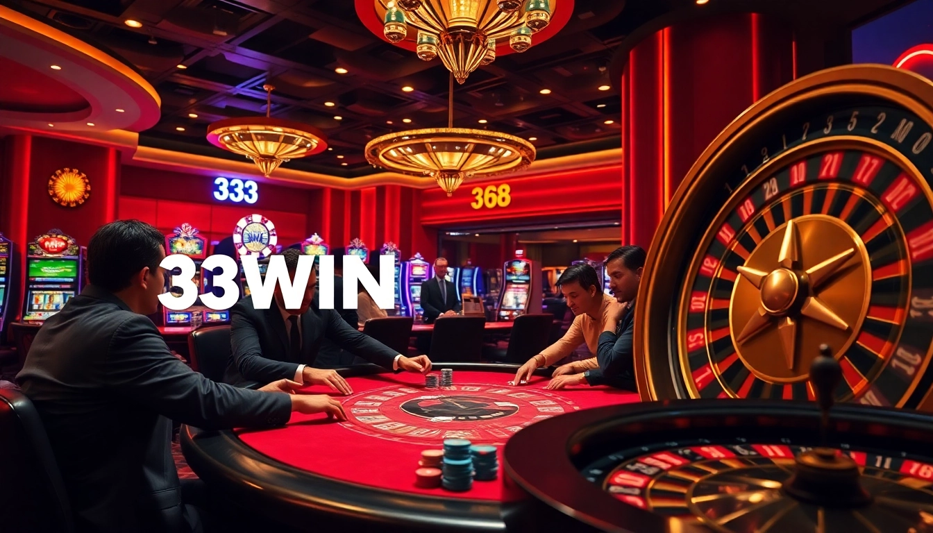 Playing high-stakes poker at the luxurious 33WIN casino, surrounded by vibrant slot machines.