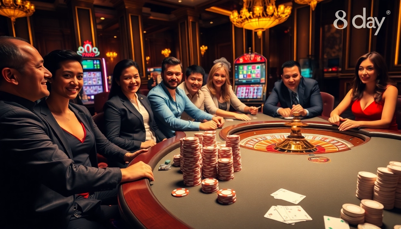 Players enjoying a thrilling poker game at 8day's luxurious casino.