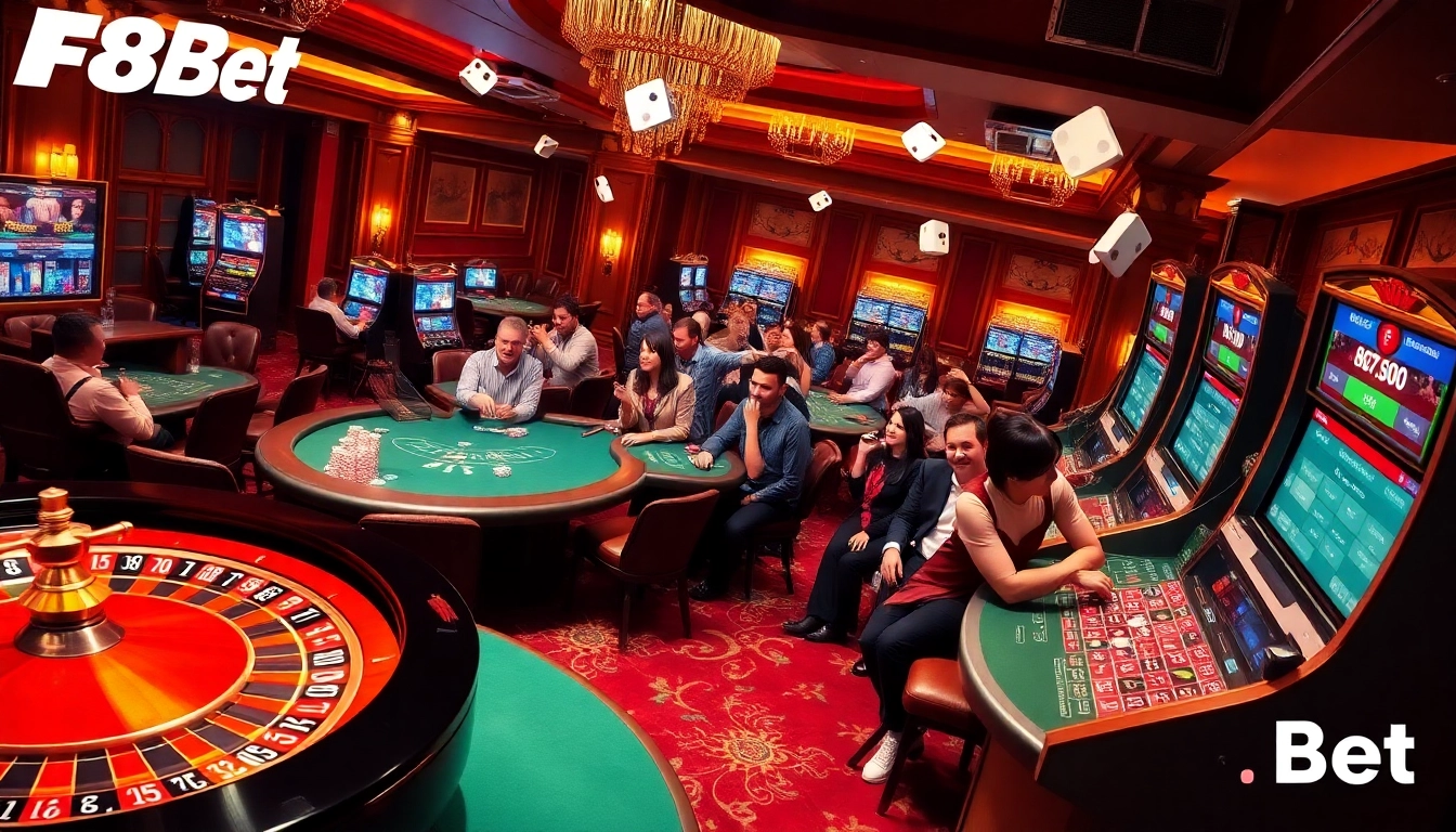 Exciting casino atmosphere at F8Bet showcasing roulette, poker tables, and vibrant players.