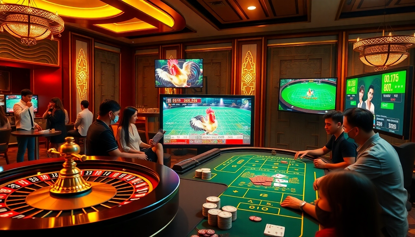 Engaging scene of online gambling at sv388 featuring roulette and poker tables.