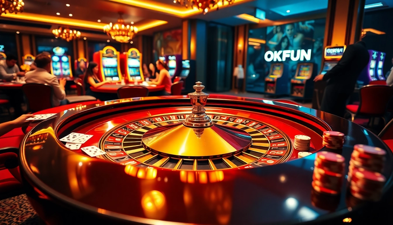Players enjoying various games at OKFUN's upscale casino atmosphere.