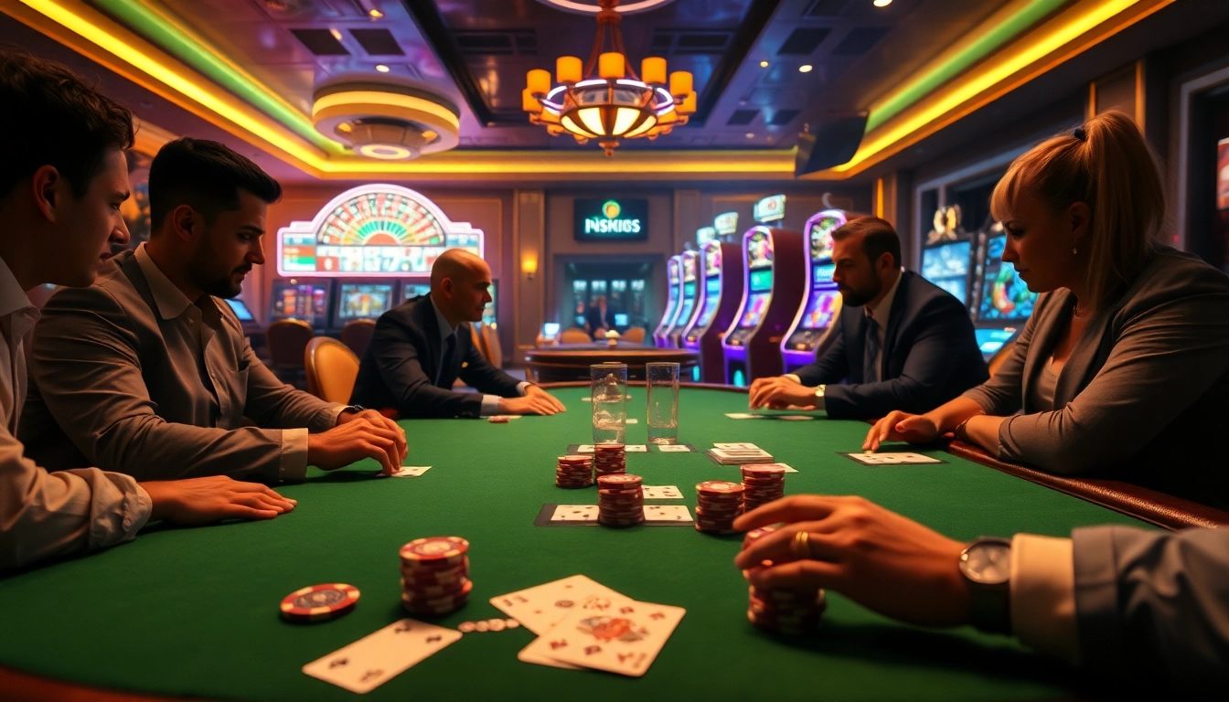 High-stakes poker scene featuring free credit 918kiss with vibrant casino elements and engaging players.