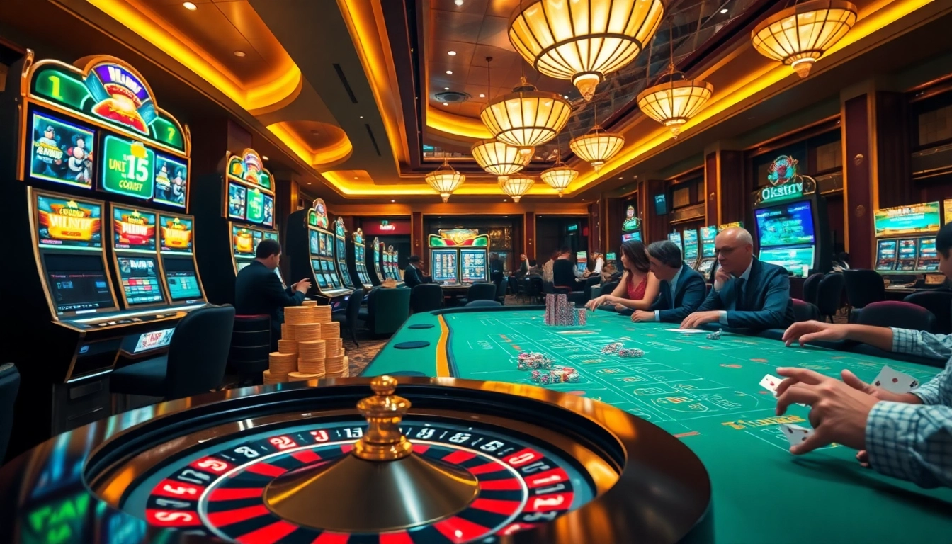 Experience the excitement of gambling at OKFUN with vibrant casino scenes, including roulette tables and engaging players.