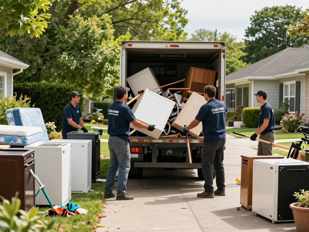 Efficient junk removal services crew loading discarded items into a truck in New Jersey neighborhood.