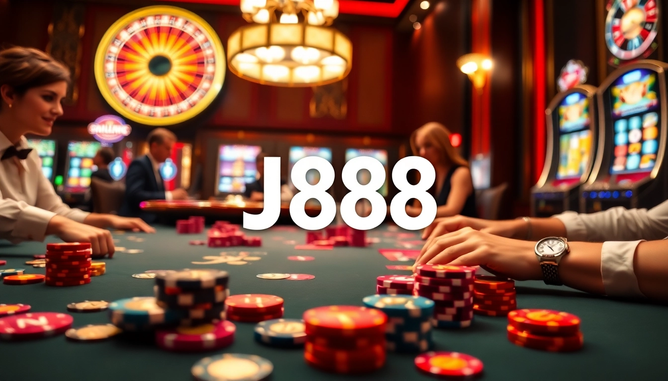 Experience the thrill of J88 casino gaming with an elegant table, vibrant chips, and a spinning roulette wheel.