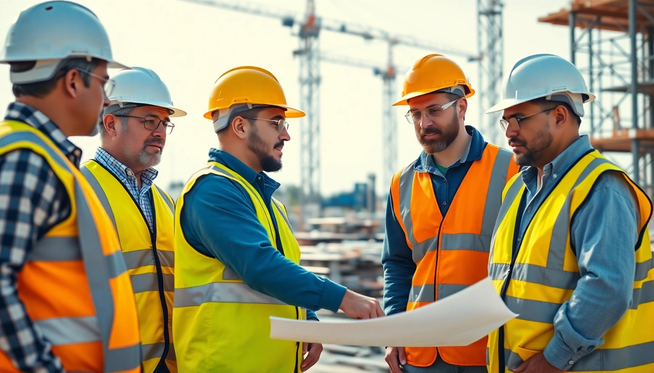 Construction member organization collaborating on a building site with workers discussing plans.