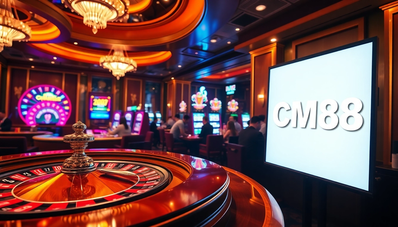 Engaging CM88 casino table scene with roulette wheel and poker action.