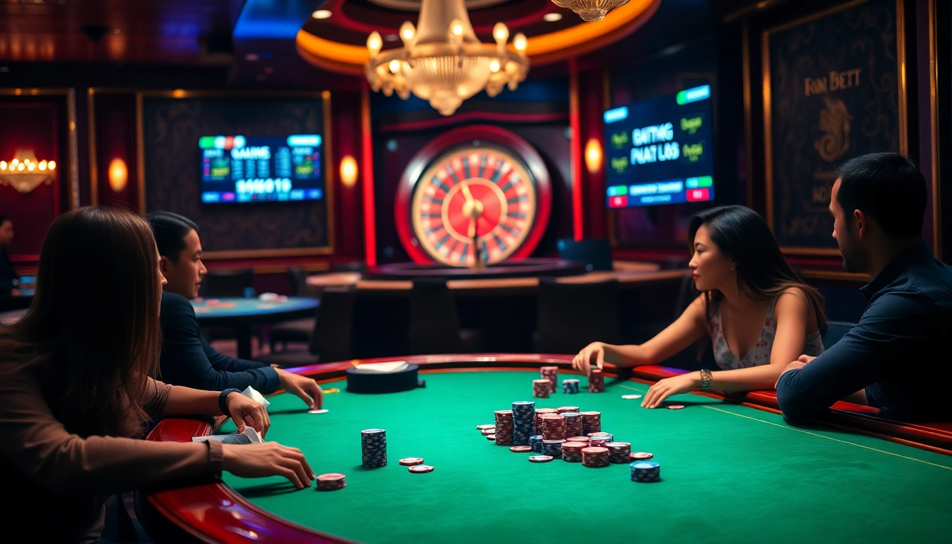Engaged players strategizing at a poker table in a luxury casino with Kèo nhà cái odds displayed.