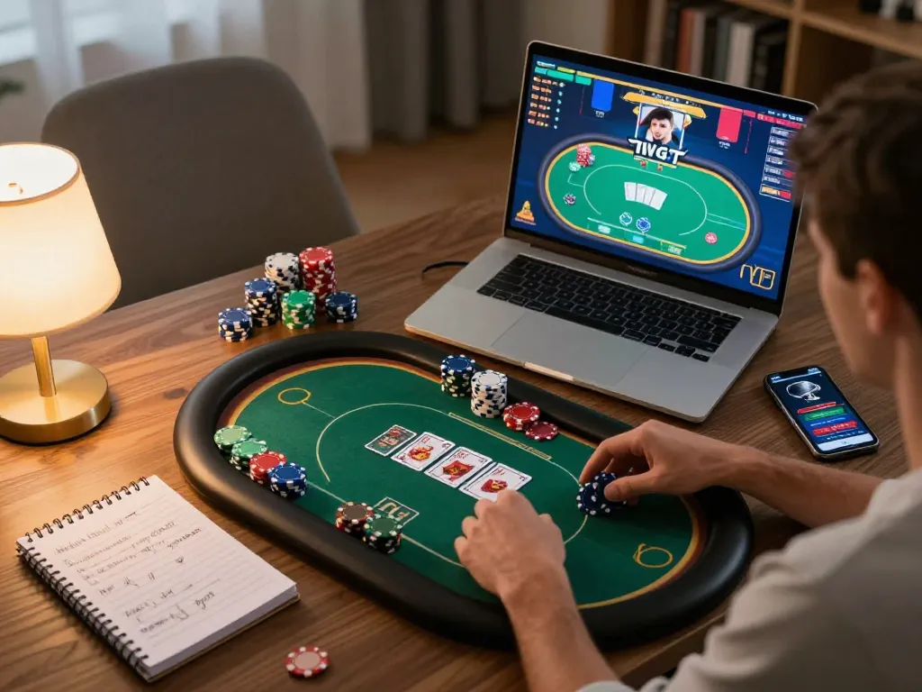 luck8 online poker gameplay in a cozy home office with vibrant chips and strategy notes