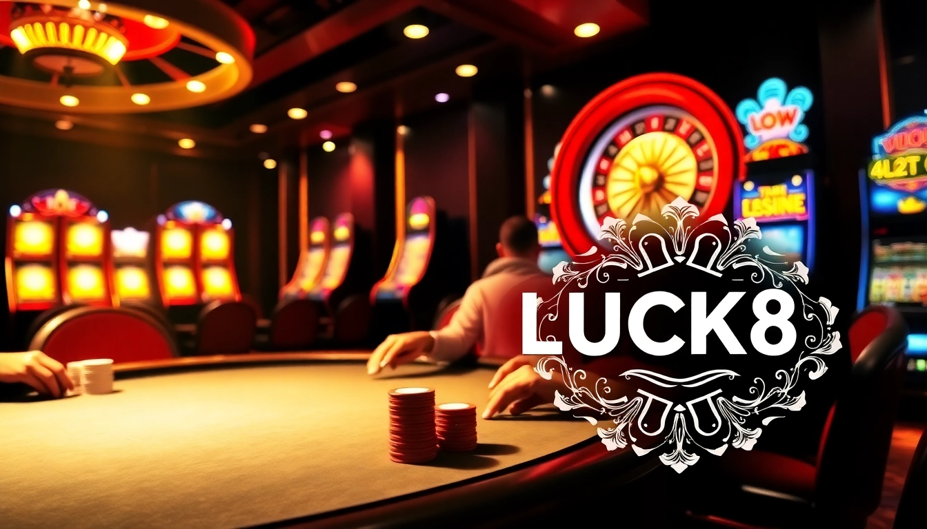LUCK8 casino scene showcasing intense poker action and vibrant slot machines.