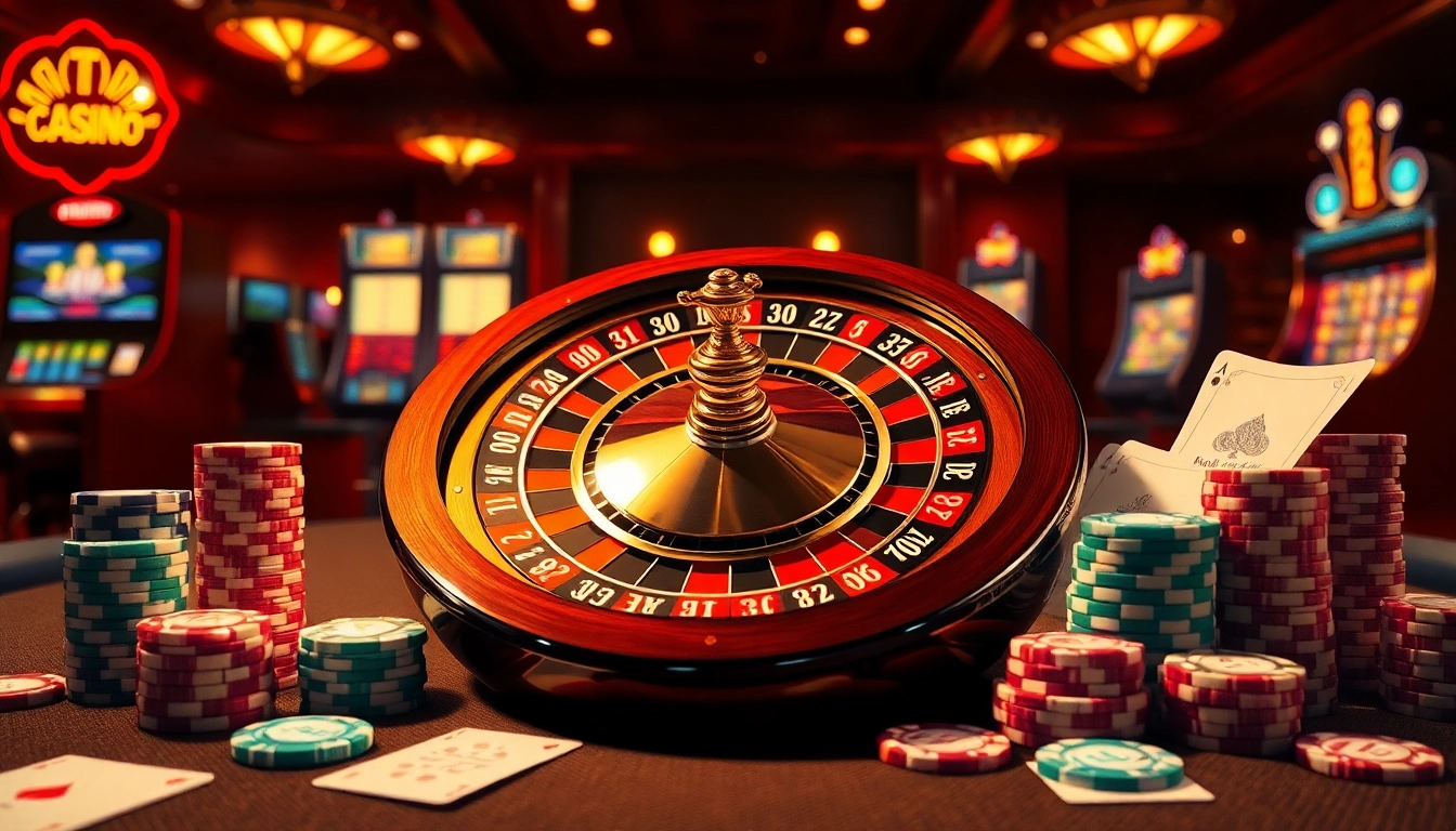 Experience the thrills of RR88 with vibrant poker chips and glamorous casino elements in a luxurious setting.