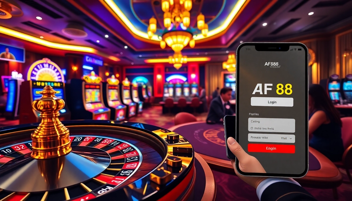 Experience AF88 đăng nhập with a vibrant casino atmosphere featuring roulette, slots, and poker.