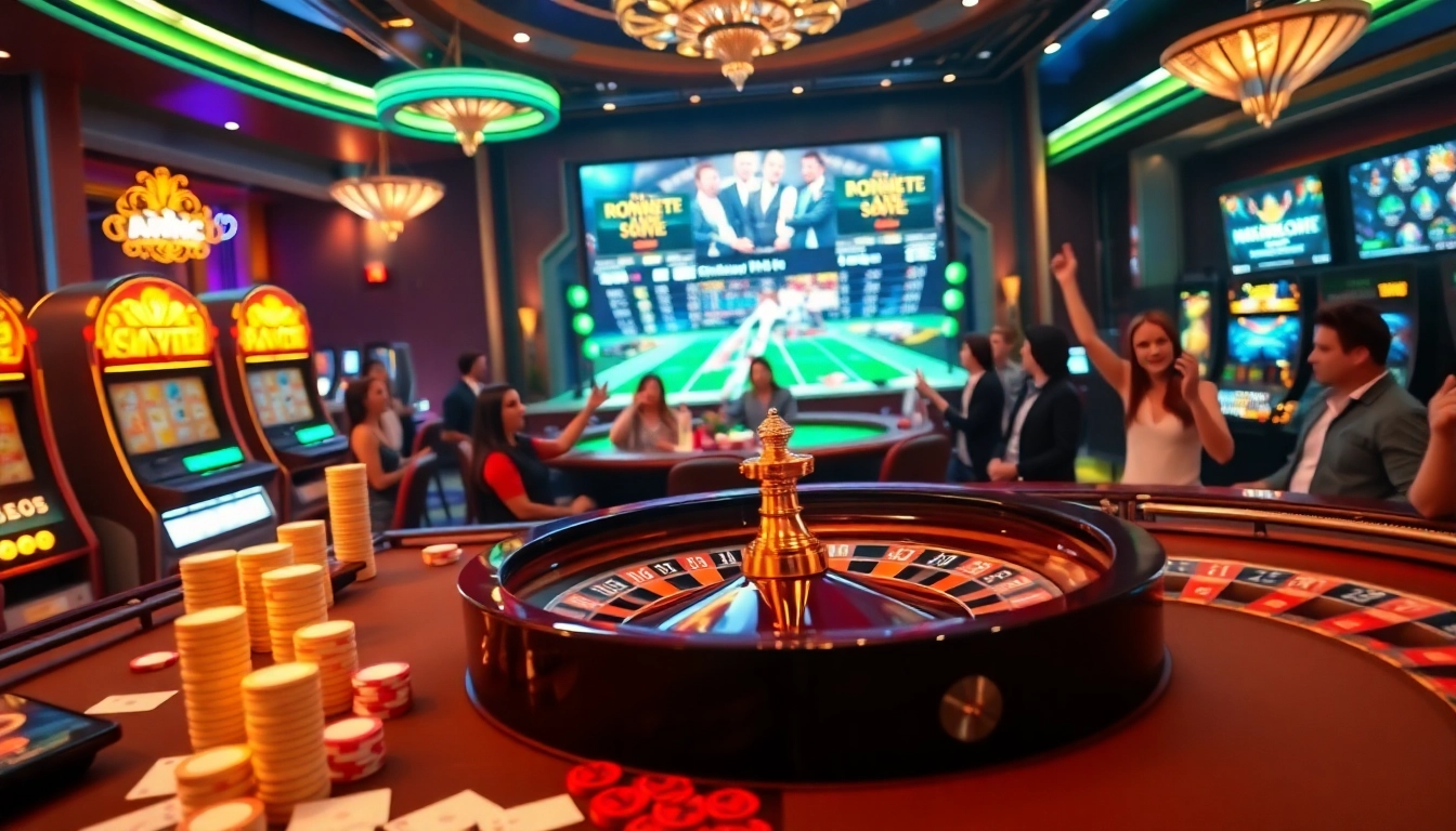 Xoilac casino scene showcasing excitement with vibrant tables, cards, chips, and a roulette wheel.