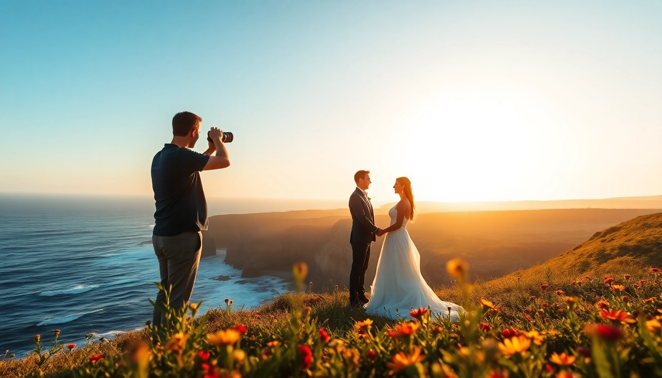 Destination photographer captures a couple's wedding scene at a scenic coastal setting.