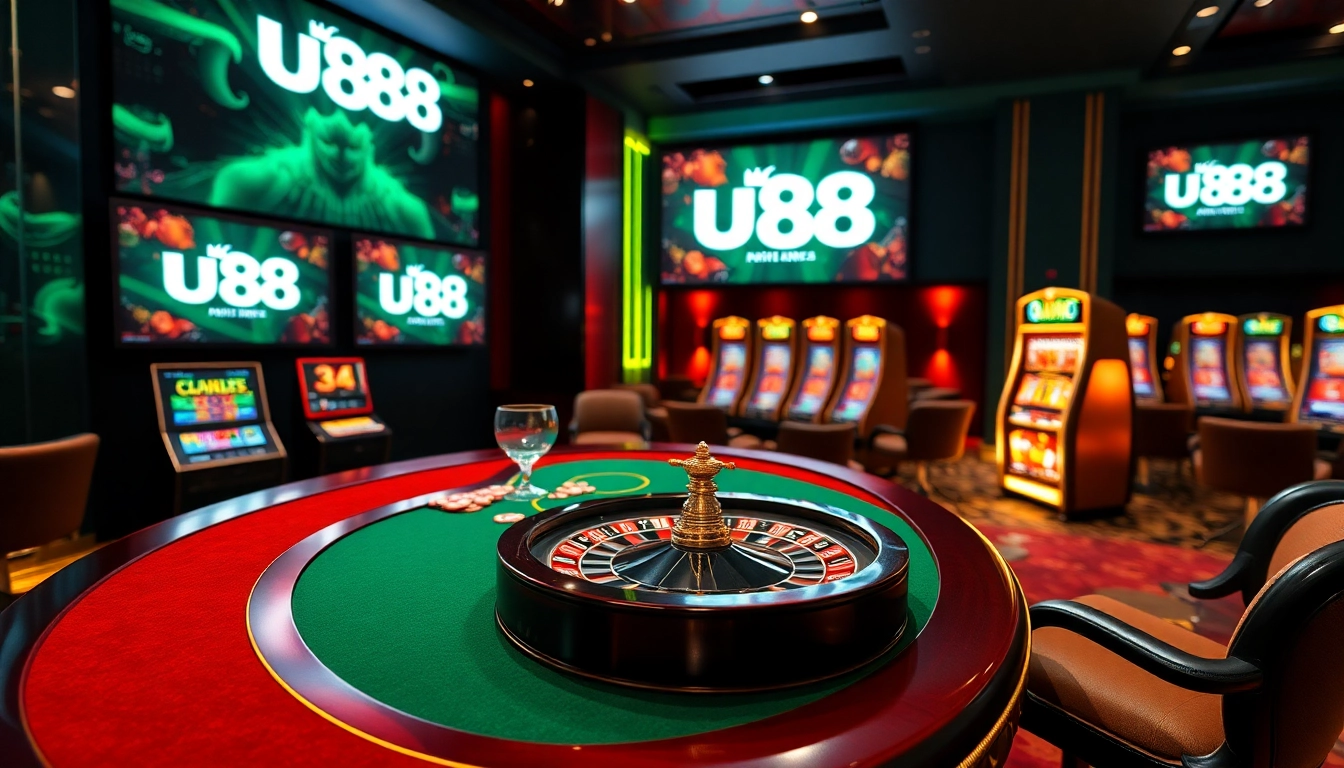 UU88 casino interface showcasing luxurious tables and vibrant slot machines for online gambling.
