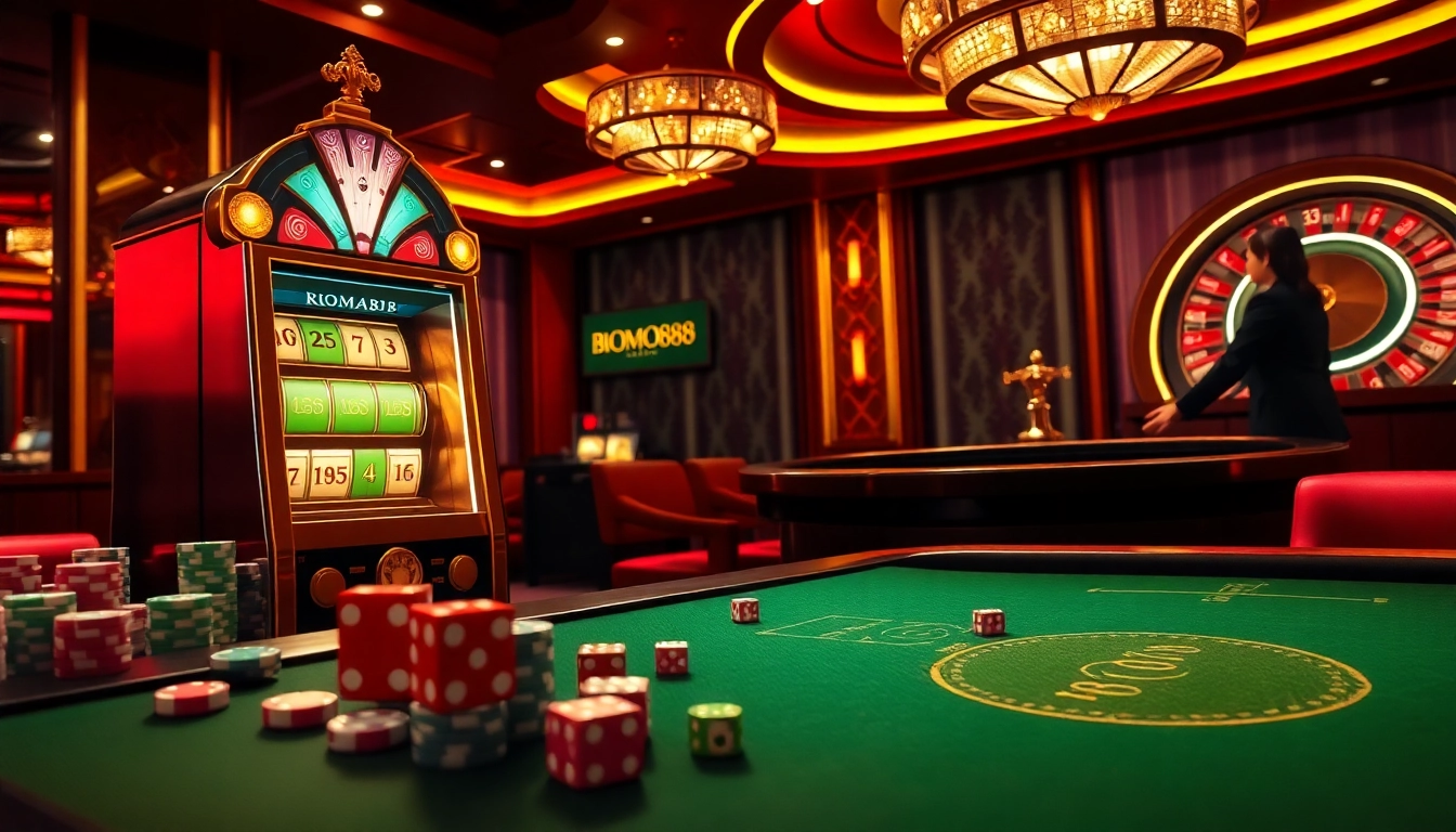 BROMO888 invites excitement with a vibrant casino scene showcasing luxurious slot machines and poker chips.