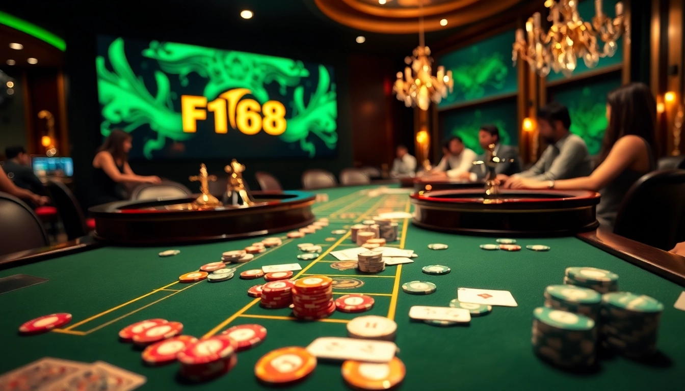 F168 casino players engaging in thrilling poker action at a luxurious gaming table.