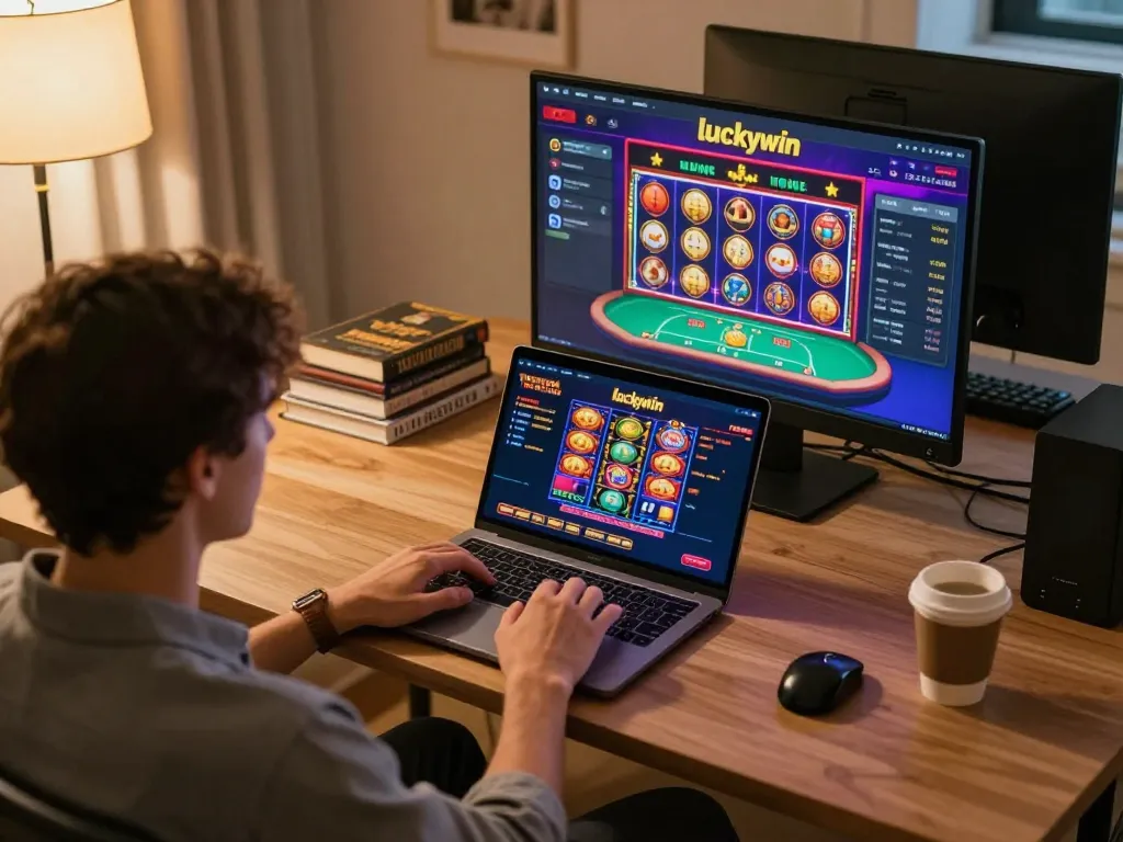 Engaging in games on luckywin platform with a well-lit, comfortable home setup.