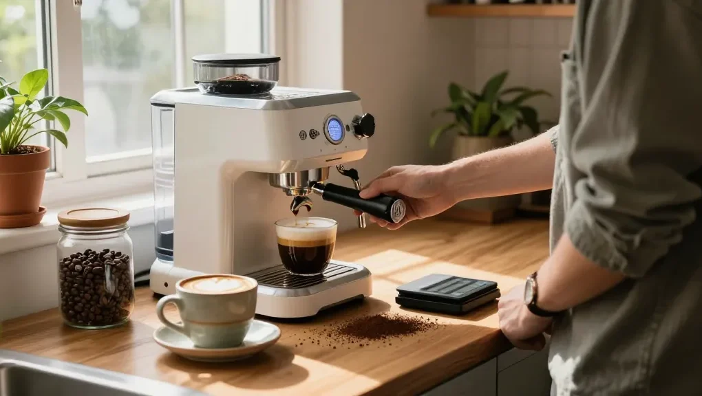 Prepare espresso with the Rokok88 machine in a cozy kitchen.