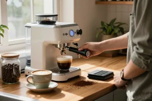 Prepare espresso with the Rokok88 machine in a cozy kitchen.