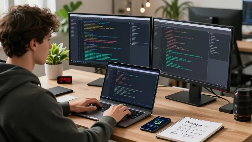 PulseChain Bridge in action, a developer coding in a modern office with dual monitors showing blockchain transactions.