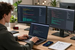 PulseChain Bridge in action, a developer coding in a modern office with dual monitors showing blockchain transactions.