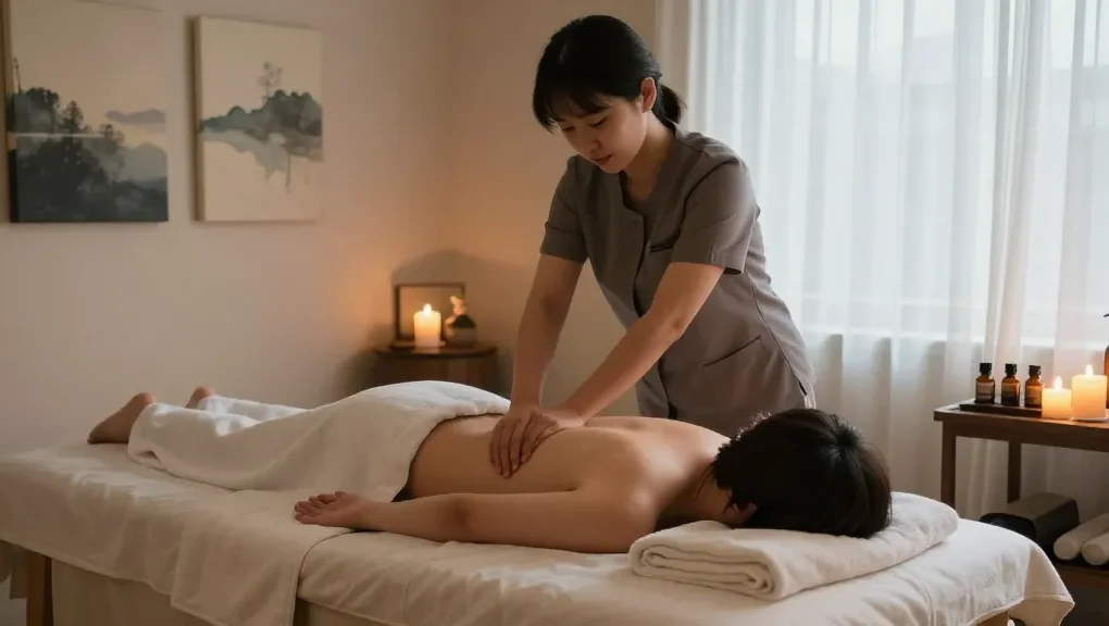 김포출장마사지 relaxing massage session in a serene therapy room with calming elements.