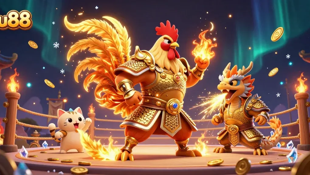 Experience the excitement of lu88's cockfighting arena with dynamic characters and vibrant elements.